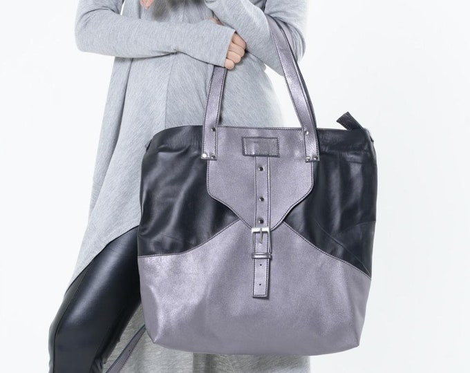 Genuine Leather Silver Tote Bag / Large Handbag / Handmade Leather Purse METB0056
