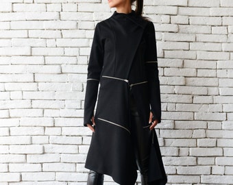 Asymmetrical Jacket / Thumb Hole /  Black Jacket / Black Coat / Long Coat / Extravagant Coat / Post Apocalyptic / Steampunk Clothing Women