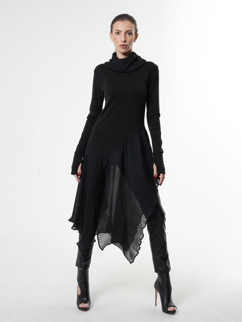 Chiffon Tunic / Turtleneck Tunic / Long Sleeve Tunic / Black Tunic Top / Sheer Tunic / Goth Tunic / Futuristic Clothing image 1