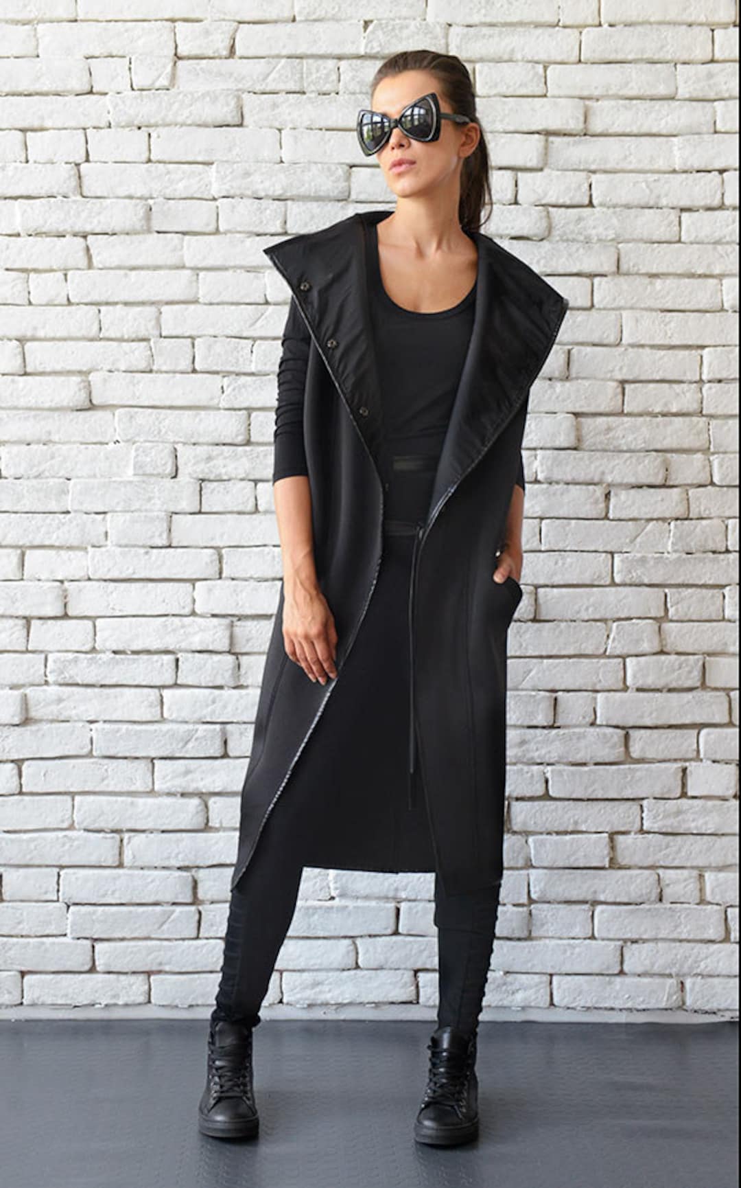 Long Loose Black Sleeveless Coat/high Collar Black - Etsy
