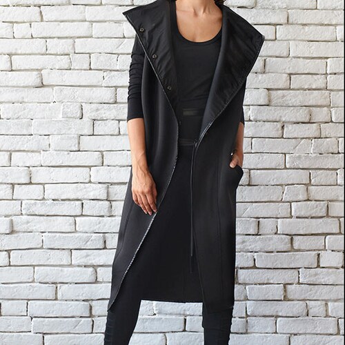 Long Loose Black Sleeveless Coat//asymmetric Neoprene Jacket