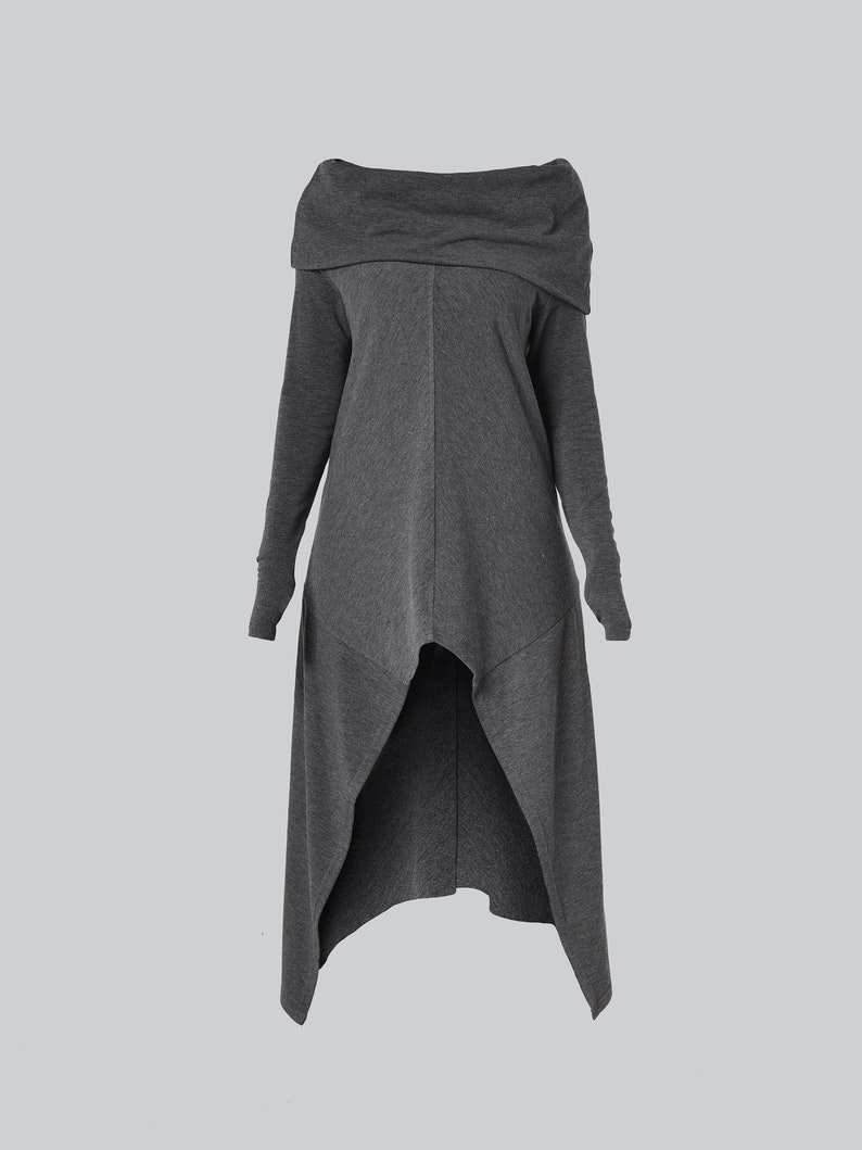 Asymmetrische tuniek/grijze tuniek/off-shoulder tuniek/lange tuniekjurk/post-apocalyptische kleding/tech wear/duimgat METT0056 afbeelding 2