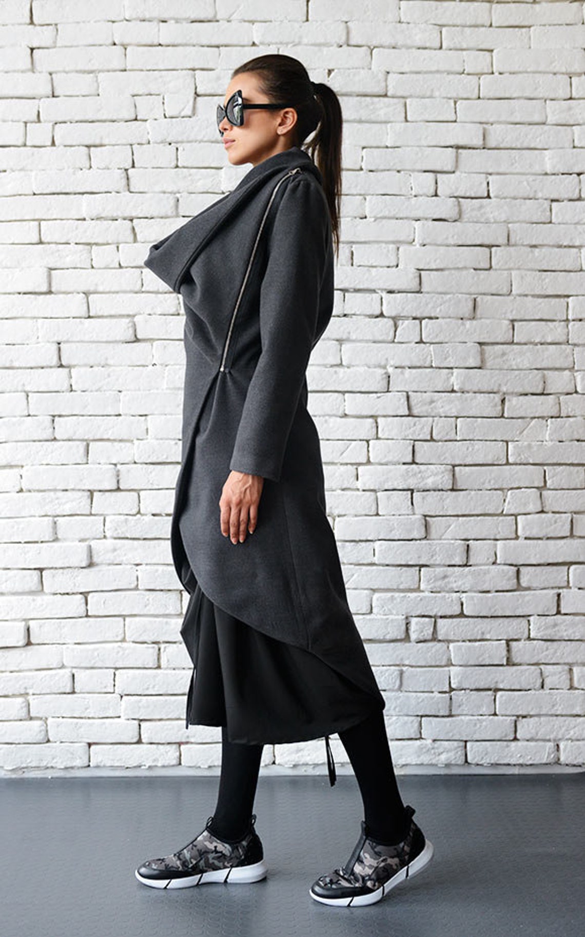 Stylish Grey V Neck Asymmetrical Design Print Knit Lazy Long Coats Long Sleeve