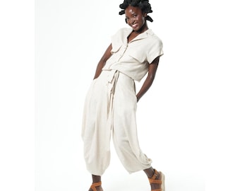 Beige Jumpsuit With Linen - Relaxed Onesie - Modern Women Overall METJ0031