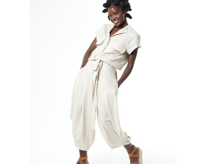 Beige Jumpsuit With Linen - Relaxed Onesie - Modern Women Overall METJ0031