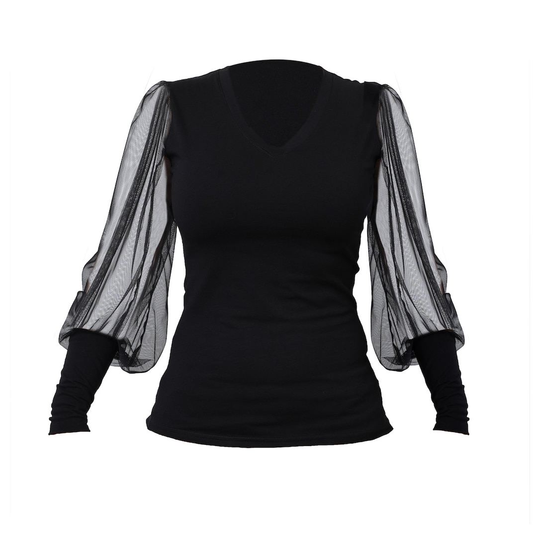 V Neck Blouse /mesh Sleeves /black Sheer Blouse /see Through V Neck Blouse /mesh Sleeves /black Sheer Blouse /see Through