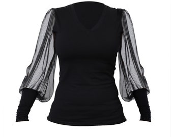 V-Ausschnitt Bluse /Mesh-Ärmel /Schwarze bloße Bluse /See-Through-Top /Mesh-Ärmel-Oberteil /Sheer Langarm-Oberteil /Mesh-Kleidung /Schwarzes Mesh-Top