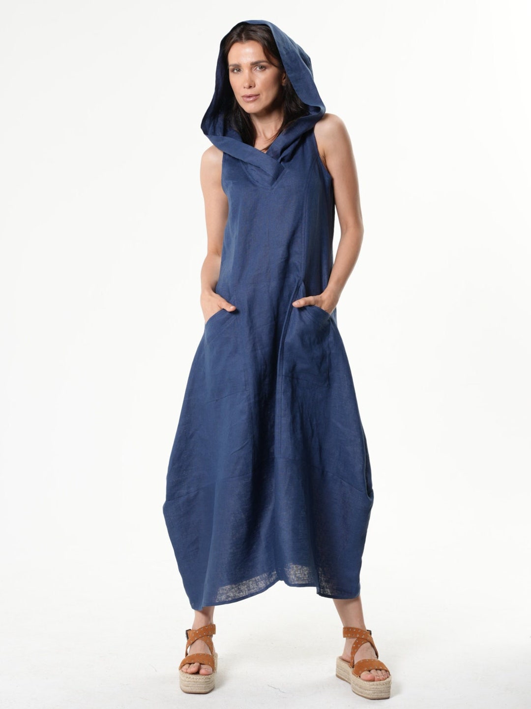 Maxi Linen Dress With Oversize Hood in Blue - METD0236 - Etsy