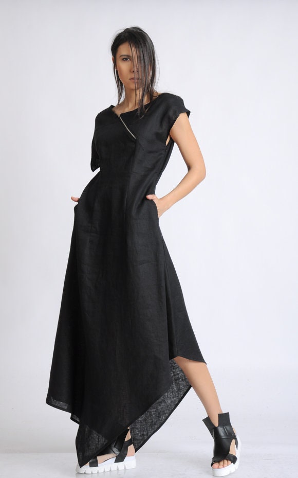 Asymmetric Black Linen Dress/Extravagant Loose Long Dress/Oversize ...