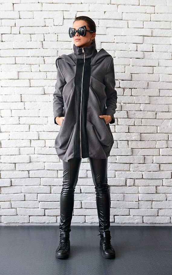 Oversize Warm Grey Winter Coat/Draped Hooded Loose Jacket with | Etsy