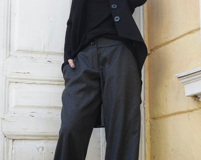 Wide Leg Wool Pants / Large Gray Trousers / Wide Pants With Pockets / Comfortable Trousers / Cargo Style / Wool fabrics