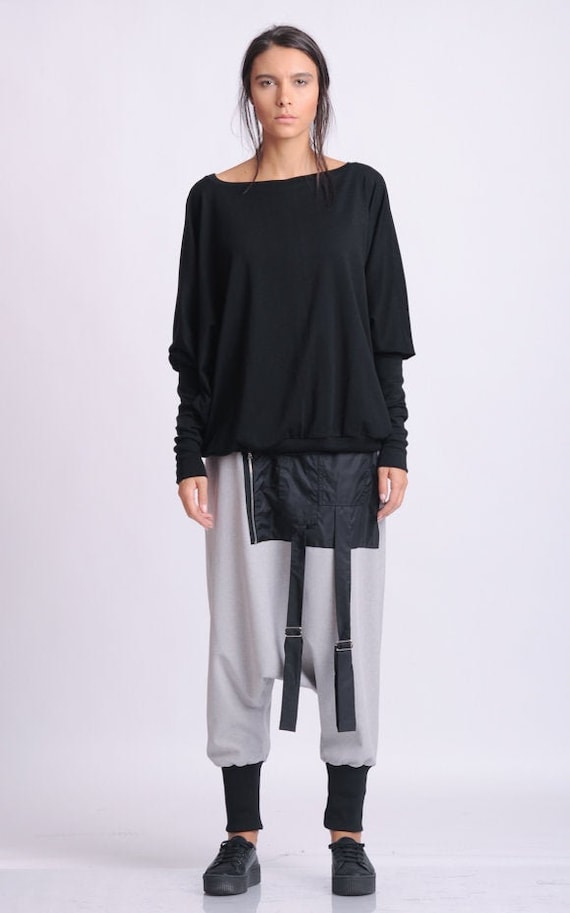 Black Cotton Maxi Top: Oversize Long Sleeve Blouse METT0144