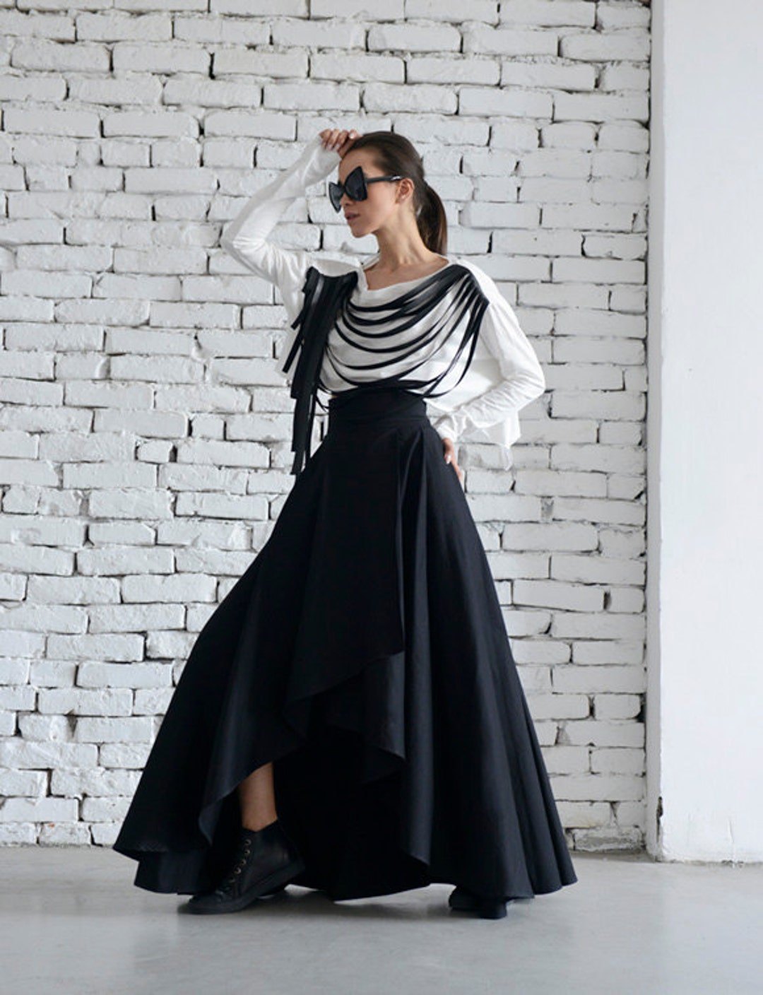 Maxi Black Skirt/asymmetric Loose Skirt/long Skirt/elegant Evening ...