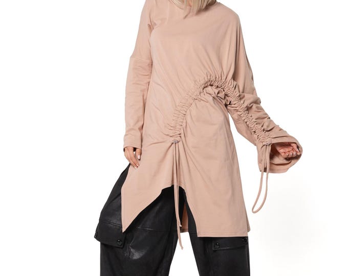 Beige Asymmetric Cotton Tunic with Adjustable Drawstrings and Statement Sleeve METT0314