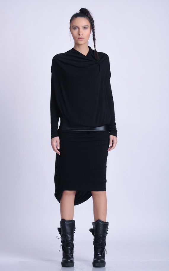 Black Party Dress / Asymmetric Dress with Long Sleeves / Faux Leather Dress / Little Black Dress / Cocktail Black Slip Dress METD0146
