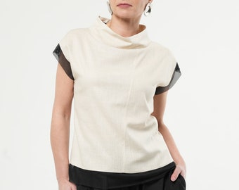 Beige Linen Top / Turtleneck Blouse With Mesh Details / Shotsleeve Linen Summer Top