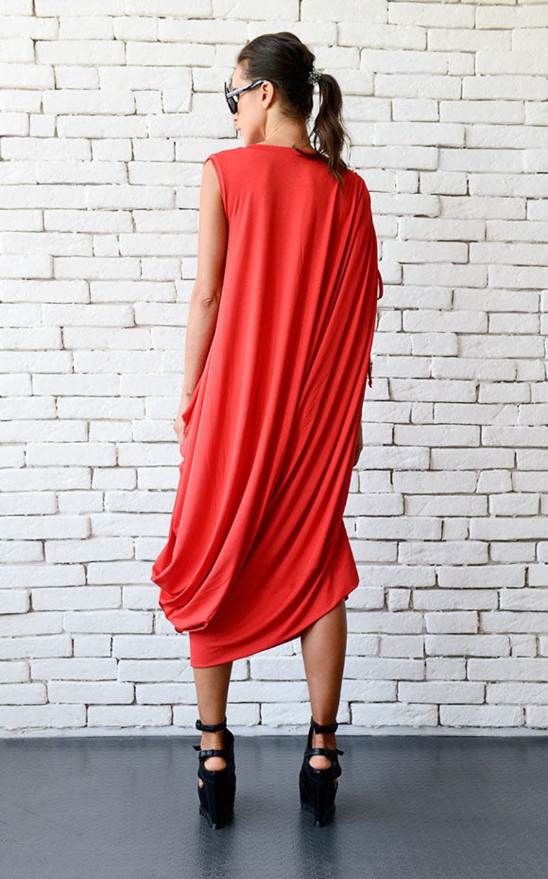 Red Loose Kaftan/Plus Size Maxi Dress/Asymmetric Tunic /Red Oversize Dress/Casual Everyday Dress/Summer Red Dress/Oversize Midi Red Dress image 7