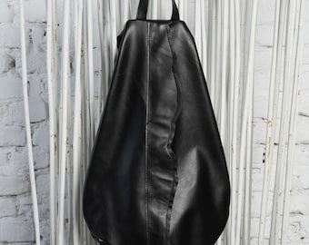 Large Black Backpack /Off Shoulder Bag / Black Leather Bag / Black Backpack Woman / Avant Garde Bag / Long Bag Strap METB0039
