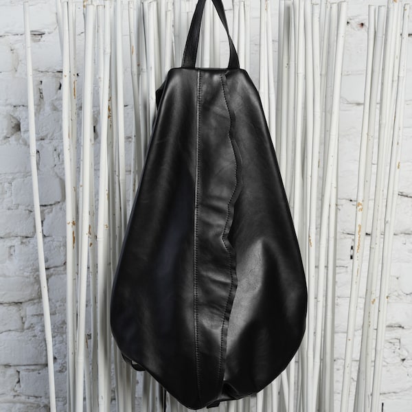 Large Black Backpack /Off Shoulder Bag / Black Leather Bag / Black Backpack Woman / Avant Garde Bag / Long Bag Strap / Everyday Backpack