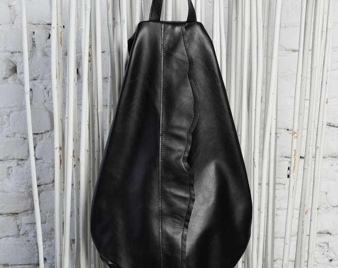 Large Black Backpack /Off Shoulder Bag / Black Leather Bag / Black Backpack Woman / Avant Garde Bag / Long Bag Strap / Everyday Backpack