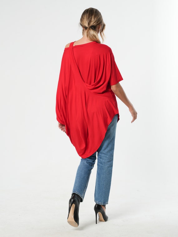 Loose Tunic Top / Red Tunic / Oversized Top/ Asymmetrical Top