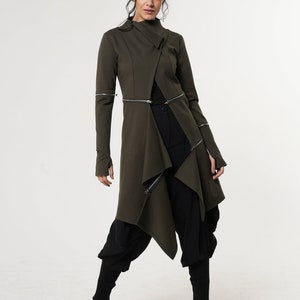 NEW Asymmetrical Coat / Khaki Coat / Olive Green Coat / Futuristic Clothing / Futuristic Coat / Thumb Hole Sleeve / Post Apocalyptic Jacket