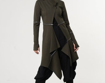 NEW Asymmetrical Coat / Khaki Coat / Olive Green Coat / Futuristic Clothing / Futuristic Coat / Thumb Hole Sleeve / Post Apocalyptic Jacket