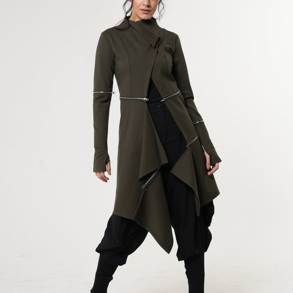 Manteau asymétrique/Manteau kaki/Manteau vert olive/Vêtements futuristes/Manteau futuriste/Passe-pouce/Veste post-apocalyptique