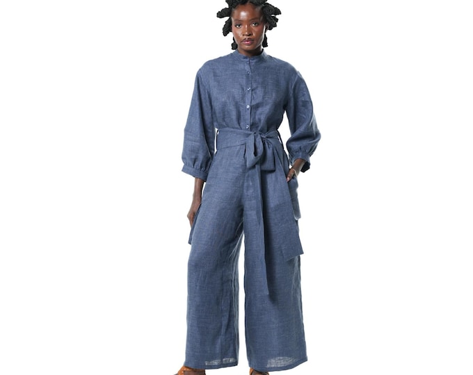 Wide-Leg Linen Jumpsuit - Relaxed Blue One Piece - METJ0032