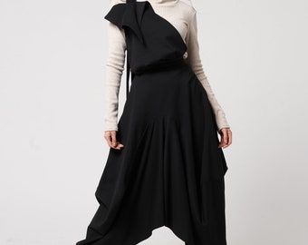 Extravagant Pinafore Skirt / Asymmetrical Long Black Skirt / Avant Garde Handmade Skirt