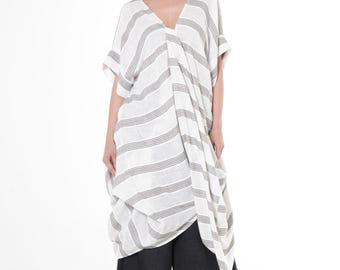Striped V-Neck Boho Tunic: Cotton-Viscose Blend Long Top METT0281
