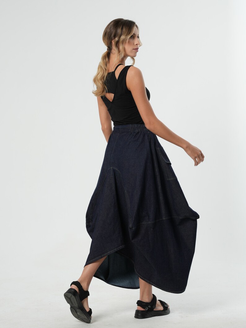 Extravagant Maxi Denim Skirt / Long Skirt With Pockets / Jeans Maxi Skirt / Asymmetrical Line Skirt / Cargo Style Pockets Skirt image 5