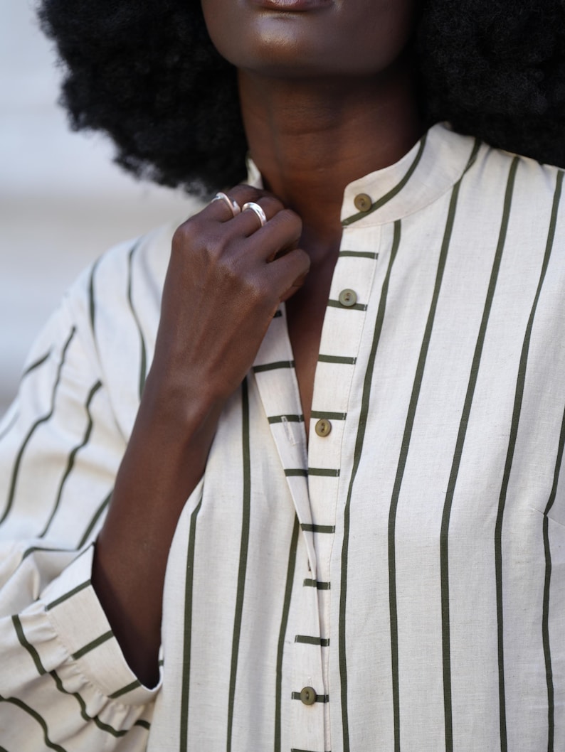 Oversize Jumpsuit on Khaki Stripes / Maxi Free Overall / Linen Cotton Set - METJ0028_Khaki image 7