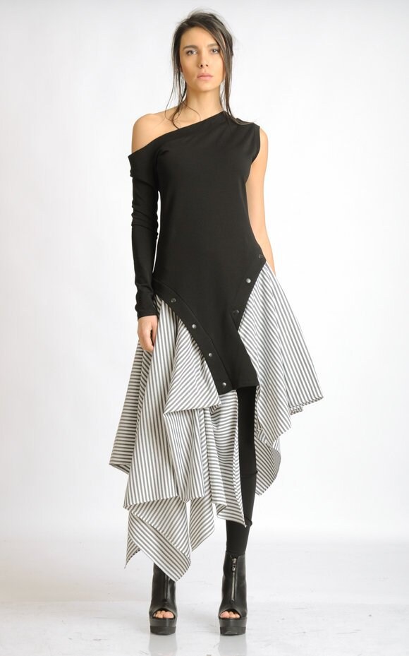 Extravagant Stripe Dress/Asymmetric Tunic Dress/Studded Black | Etsy