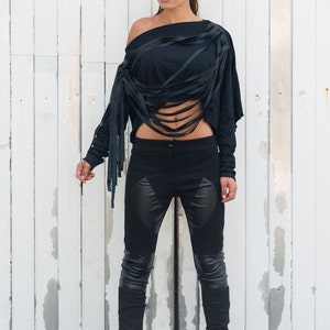 Black Faux Leather Top / Long Sleeved Short Shirt / Leather Fringe Crop Top / Off Shoulder Short Top by METAMORPHOZA-METT0007