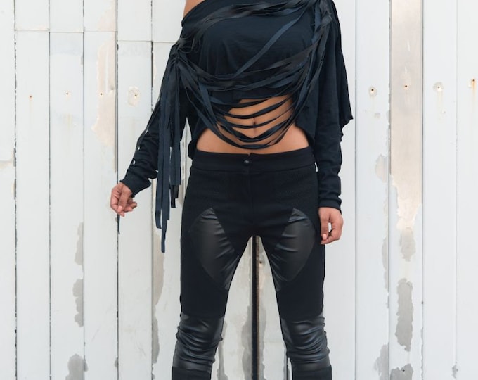 Black Faux Leather Top / Long Sleeved Short Shirt / Leather Fringe Crop Top / Off Shoulder Short Top by METAMORPHOZA