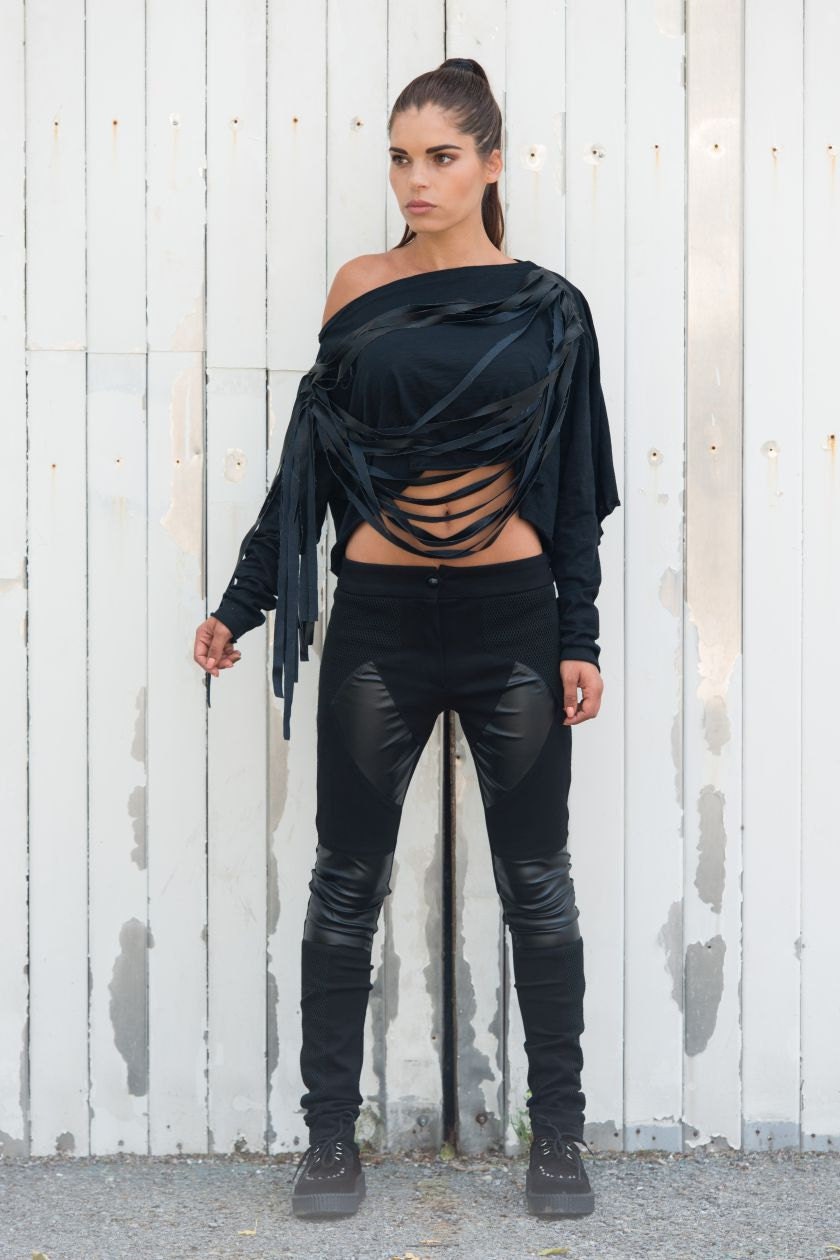Black Leather Top / Long Sleeved Short / Leather - Etsy