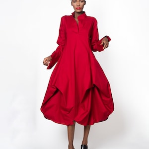 Red Oversize Shirt Dress / Valentine&#39;s Day Gift For Her / Long Red Dress / Asymmetric Collar Dress / Gift For Girfriend METD0162