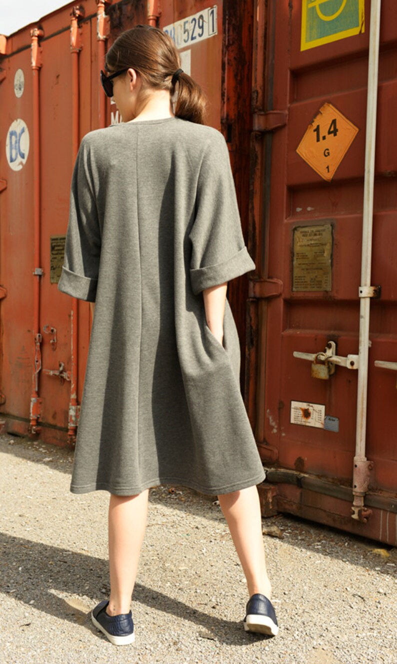 Maxi Grey Dress Loose Sleeve Dress Oversize Grey Tunic Top Large Pocket Dress Comfortable Thick Dress Plus Size Maxi Dress