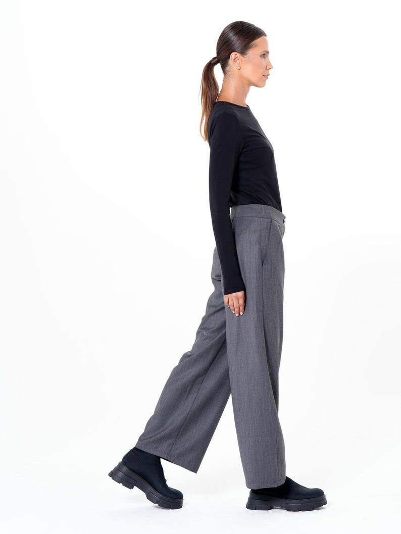 Pantalones grises de pierna ancha/Pantalones largos maxi/Pantalones largos de oficina/Pantalones cómodos para uso diario/Pantalones con bolsillos para mujer/Pantalones casuales holgados METP0019 imagen 6