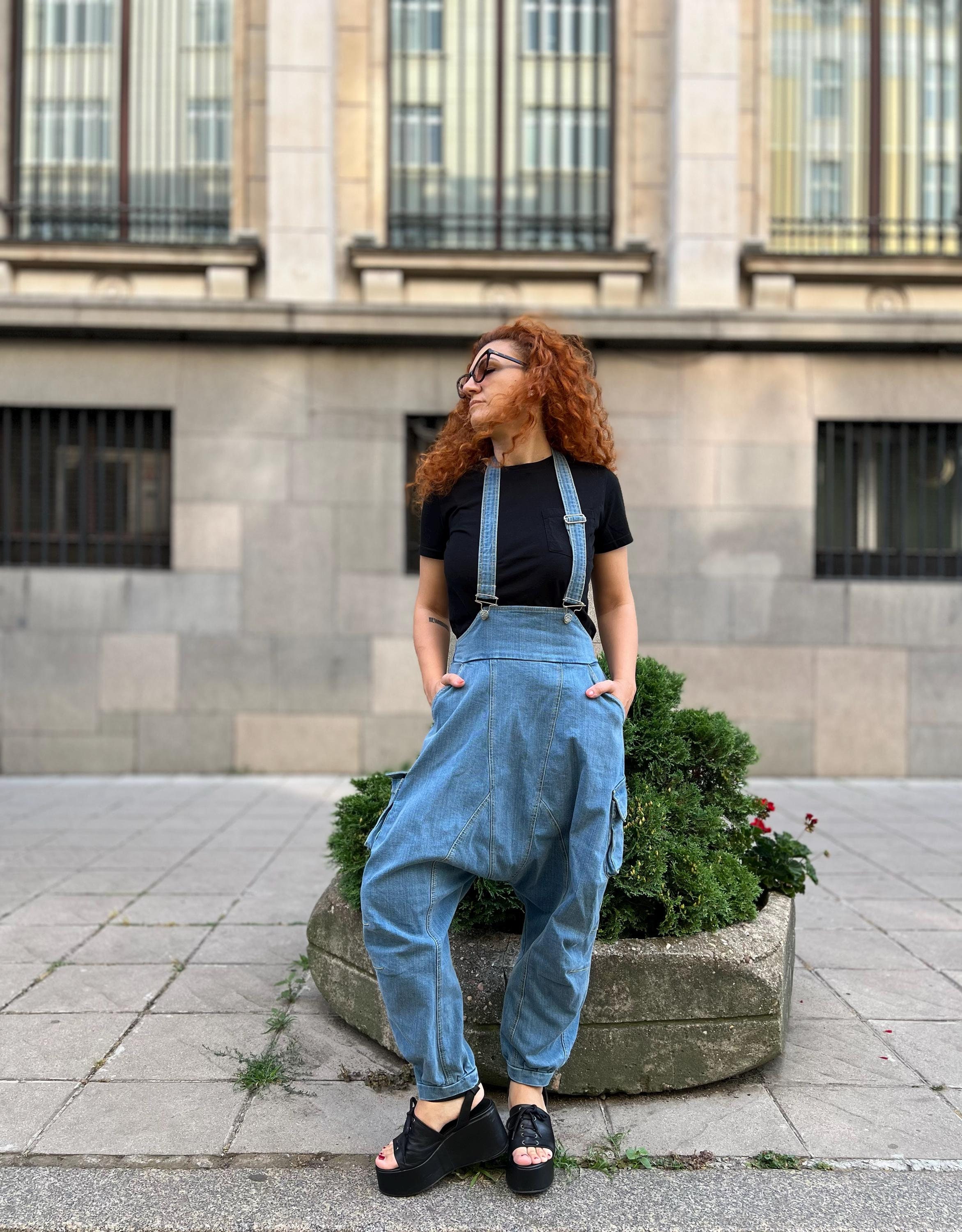 Oversized Light Denim Jumpsuit Harem Pants With Suspenders Loose Denim Jumpsuit