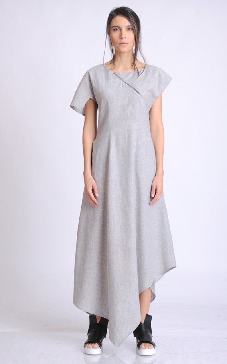 Loose Grey Linen Dress/Asymmetric Summer Kaftan/Short Sleeve | Etsy