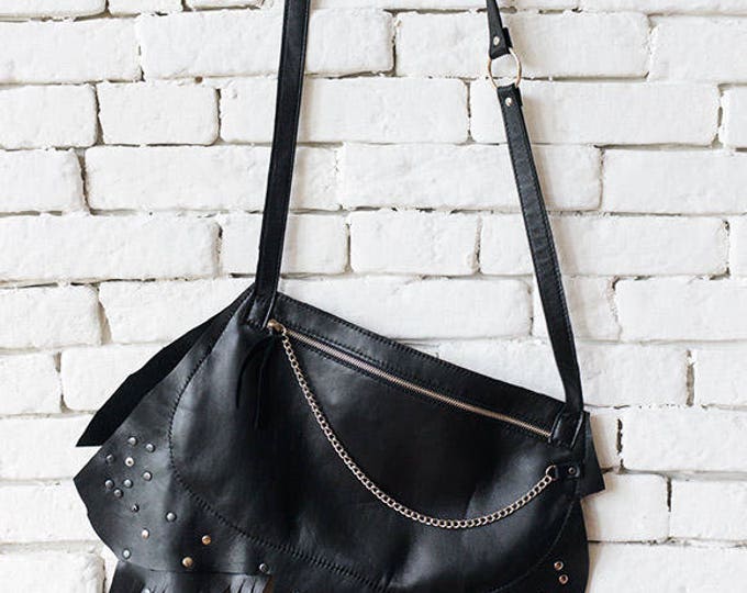 Asymmetric Black Clutch/Extravagant Handbag/Leather Bag with Chain/Small Shoulder Bag with Studs/Genuine Leather Tote Bag METB0029
