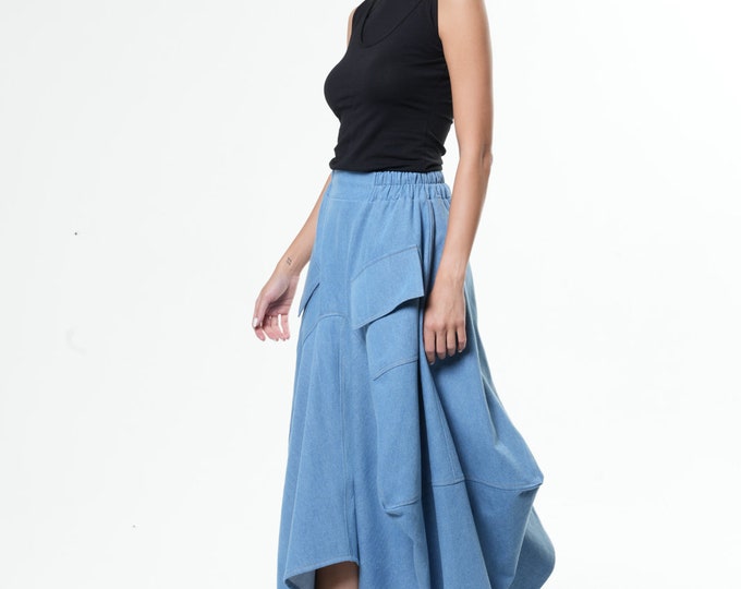 Denim Maxi Skirt / Asymmetrical Skirt / Plus Size Jean Skirt / Long Cargo Skirt / Cargo Skirt / Plus Size Maxi Skirt METSk0040