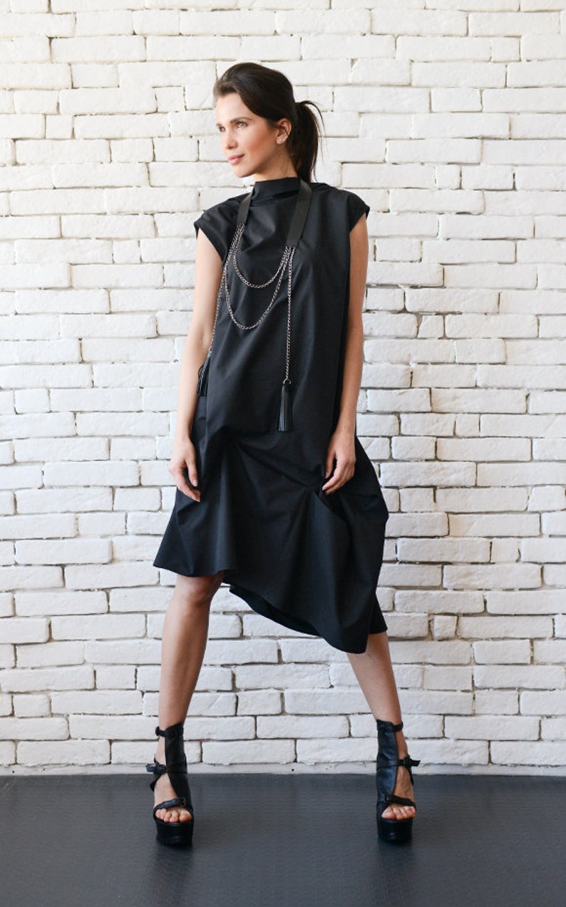 Black Asymmetric Dress / Loose Black Dress / Extravagant Open Back Tunic METD0100 image 1