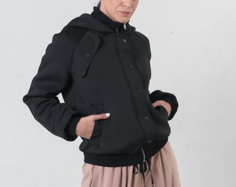 Womens Bomber Jacket / Custom Bomber Jacket / Loose Jacket / Casual Jacket / Hooded Boho Coat / Neoprene Jacket / Hooded Bomber