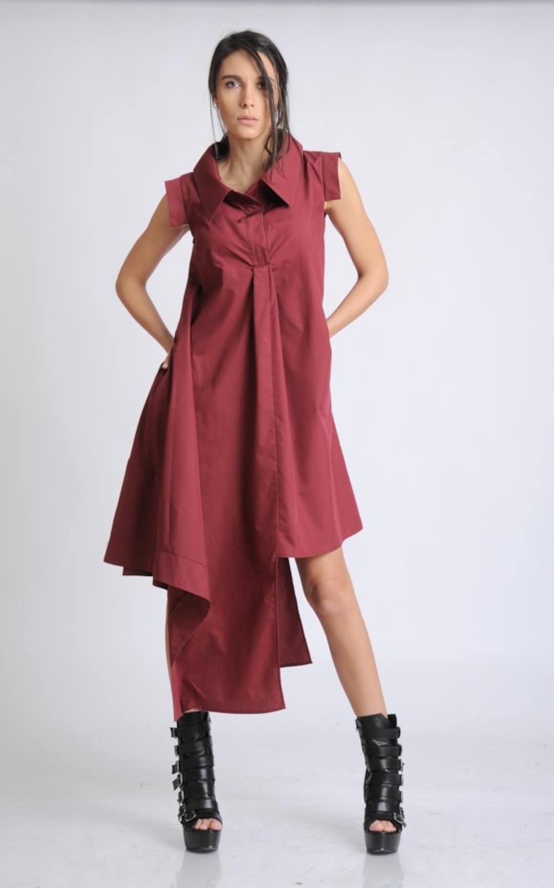 Burgundy Asymmetric Dress/sleeveless Shirt Dress/loose Long - Etsy