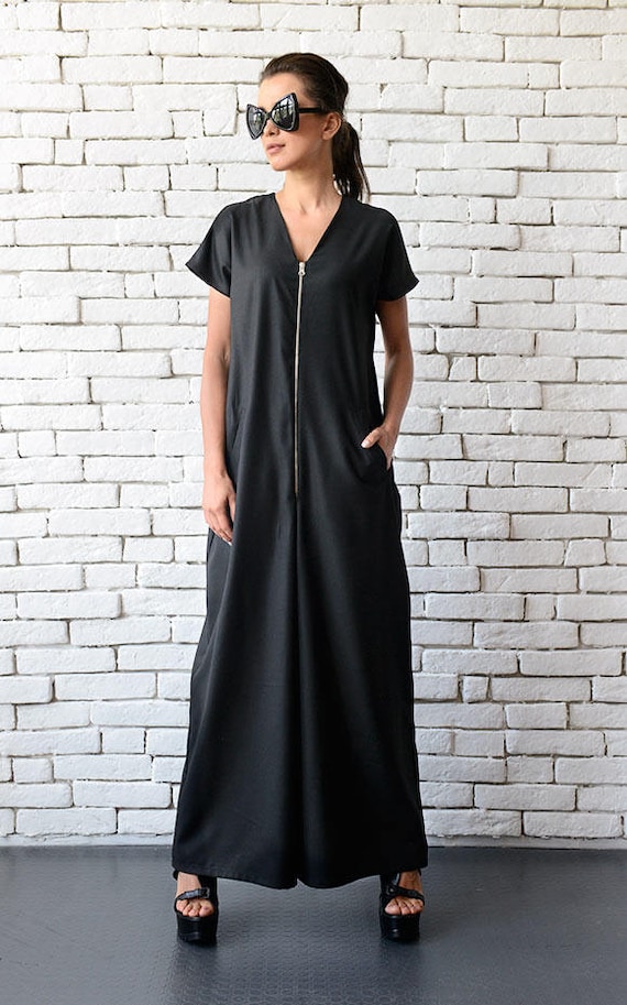 Black Maxi Jumpsuit oversize Loose Jumpsuit plus Size Overall short Sleeve Top Wide Leg Bottom Suit loose Zipper Jumpsuit METJ0008 Etsy UK