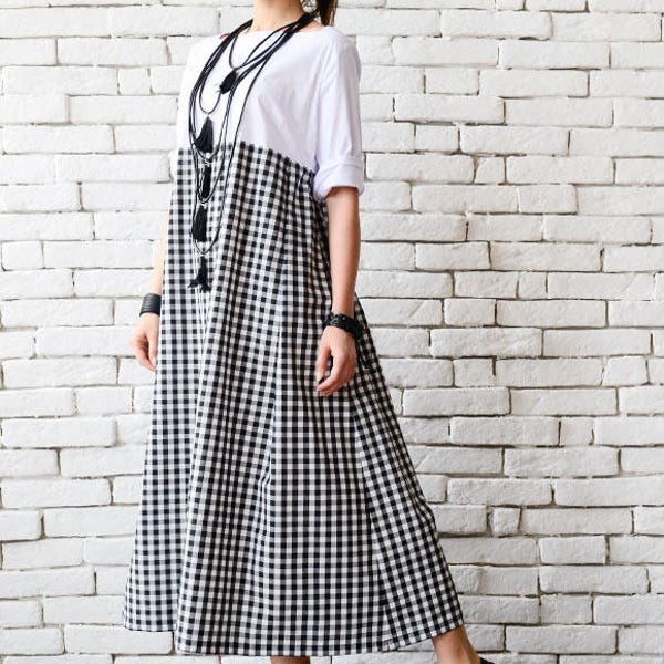 Plus Size Maxi Dress/Long Loose Kaftan/Black and White Oversize Dress/Summer Casual Dress/Everyday Checkered Dress/Comfortable Dress