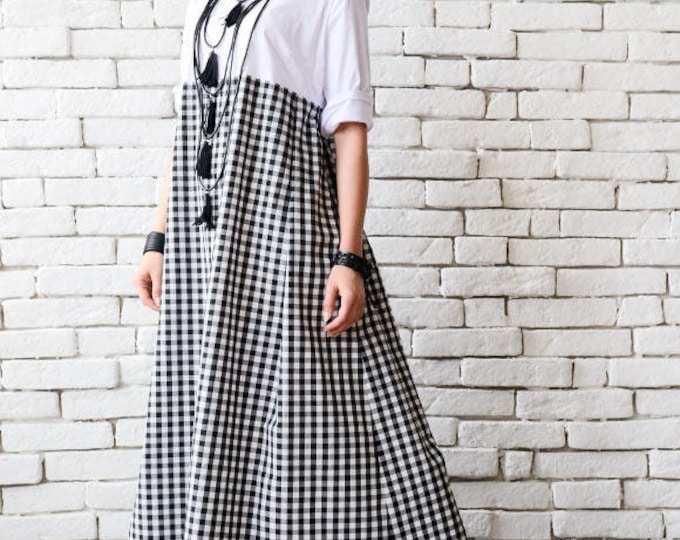 Plus Size Maxi Dress/Long Loose Kaftan/Black and White Oversize Dress/Summer Casual Dress/Everyday Checkered Dress/Comfortable Dress